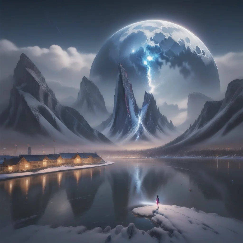 glowing, moon, fog, landscape, elegant, crystal, real physics, crescent moon, city, use more objects, mountain, new stage layout options, sky, signature, outdoors, 1girl, planet, complex composition, standing, jet, reflective water, island, extended task analysis, snow, building
