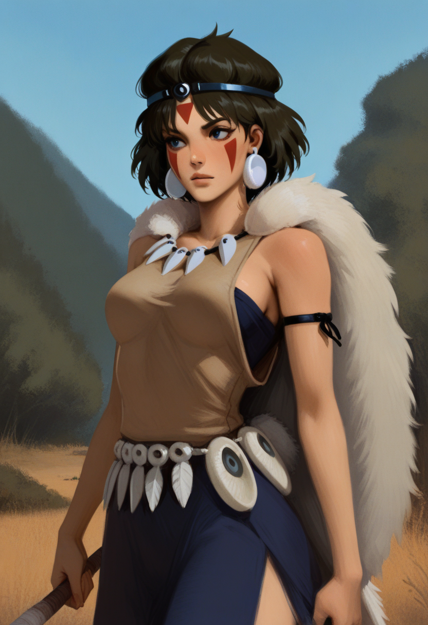 qu45681style, painterly, masterpiece  best quality,  solo,   princess mononoke, blue eyes,  tribal clothing, wooded area, blue sky, bust shot
