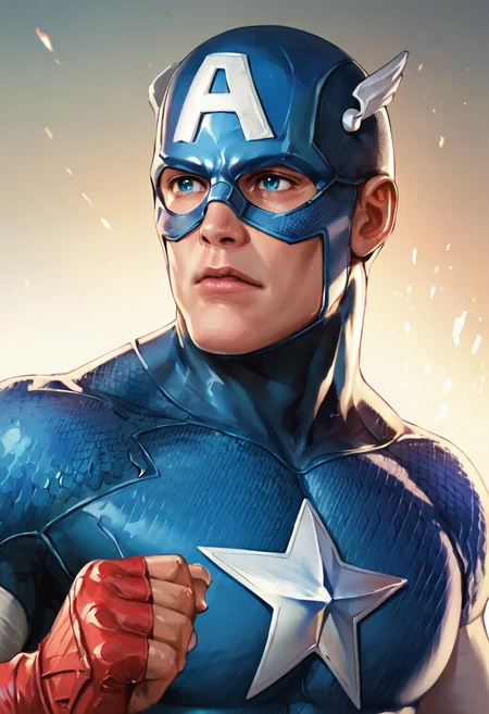 score_9, score_8_up, score_7_up, extremely detailed, highest quality, masterpiece, 1man, cap7a1n_am3r1ca, superhero, detailed face, perfect blue eyes, very handsome man, upper body, fighting pose