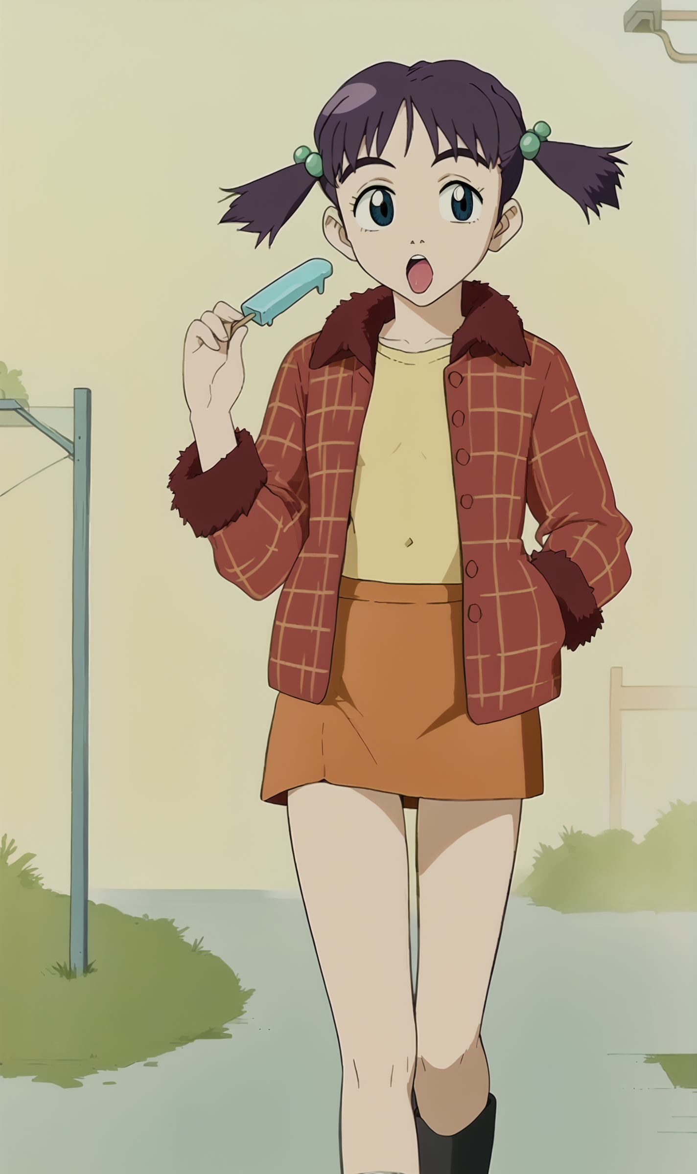 EN, 1girl, solo, retro artstyle, purple hair, blue eyes, short twintails, red fur trim plaid coat, yellow shirt, orange skirt, eating popsicle, walking, outdoors, sunny, <lora:Eri Ninamori Pony XL:1>