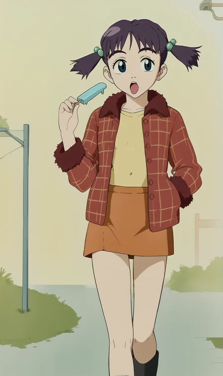 EN, 1girl, solo, retro artstyle, purple hair, blue eyes, short twintails, red fur trim plaid coat, yellow shirt, orange skirt, eating popsicle, walking, outdoors, sunny, <lora:Eri Ninamori Pony XL:1>