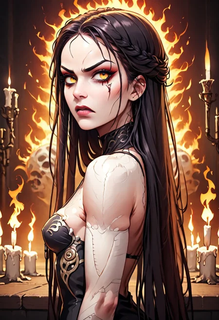 [score_9], score_8_up, (score_7_up),
sorceress in horrible angry fire mood, holding the fibers of reality in her hands, weaving chaos and fear in the world, turning thread into symbols of horror, night of the dead,
view from side, sorceress is on fire,
angry expression, gorgeous face is oddly horrifying, looking askew at viewer,
black pixie cut hair,
implied nipples, flat chest breasts,
partially skeleton exposed, decaying skin, exposed skull, wearing sheer robes ,
showing viewer energetic angry poses and positions,
focus on small breasts, mad-flames,
side light cast shadows over subject,  candles with black flames, metallic black fire, white smoke,
detailed background, detailerlora,
skindentation, SkinDetail, toya, novuschroma