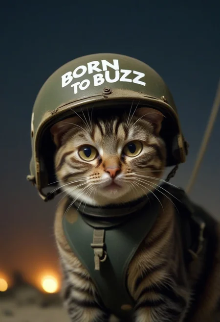 close up of a Cat as a Marine in Vietnam War, ((helmet with text "Born to Buzz")), night scene. buzz