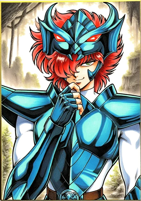 masterpiece,best quality,amazing quality, cyb88, traditional media, SSALBE, 1boy, male focus, wavy hair, short hair, pink-red hair, hair over one eye, green eyes, megrez forehead protector (red eyes), megrez armor, teal pauldrons, teal breastplate, belt buckle, white bodysuit, teal fingerless gauntlets, upper body, smug, smelling finger