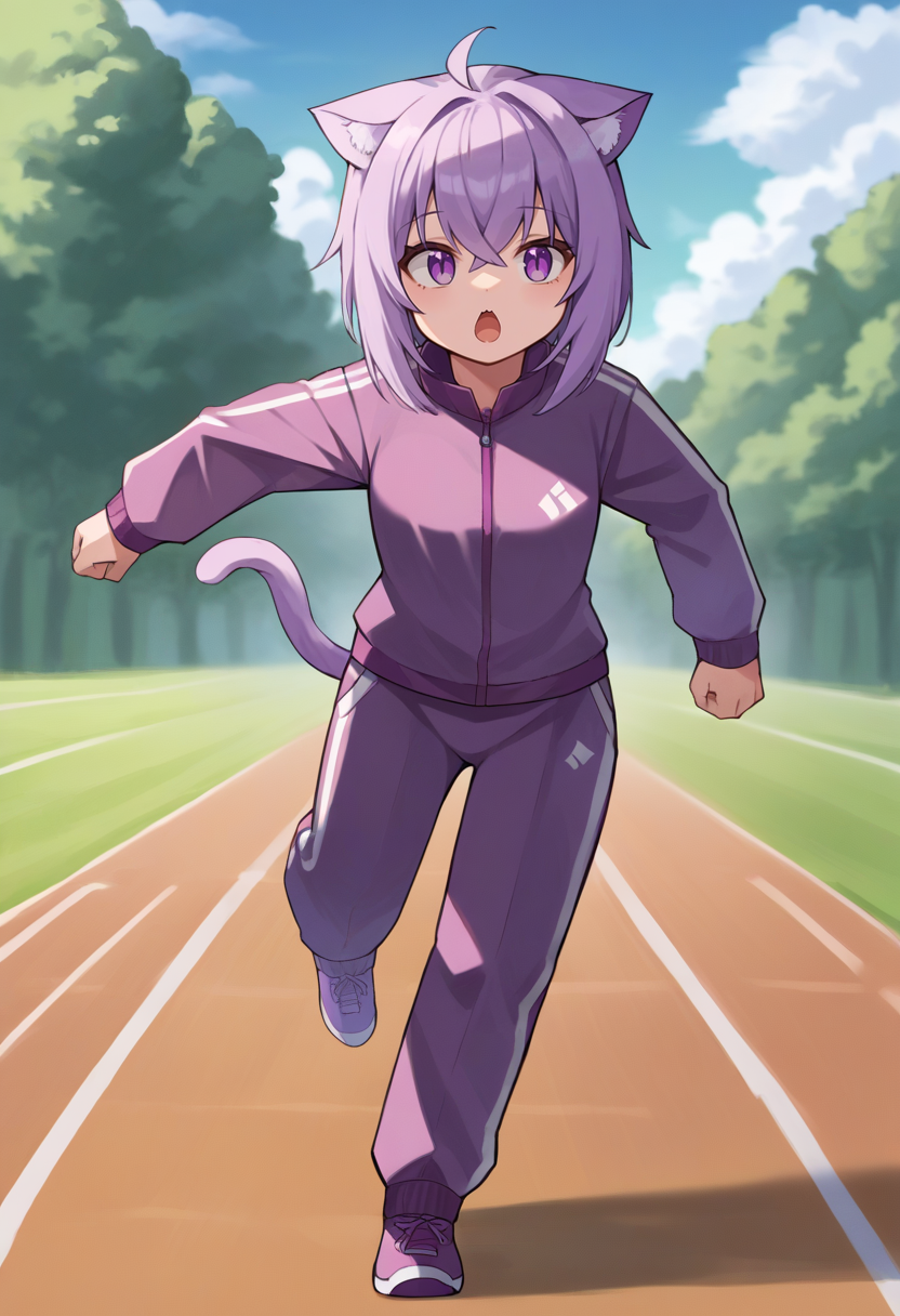 score_9, score_6_up, source_anime, 1girl, solo, outdoors, purple track suit, running, okayu, ahoge, cat tail <lora:nekomata_okayu_sdxl_pony:1>