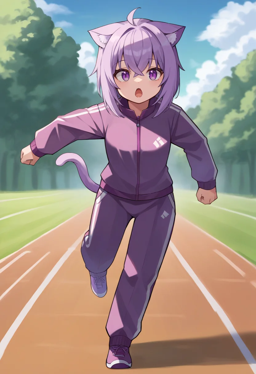 score_9, score_6_up, source_anime, 1girl, solo, outdoors, purple track suit, running, okayu, ahoge, cat tail <lora:nekomata_okayu_sdxl_pony:1>