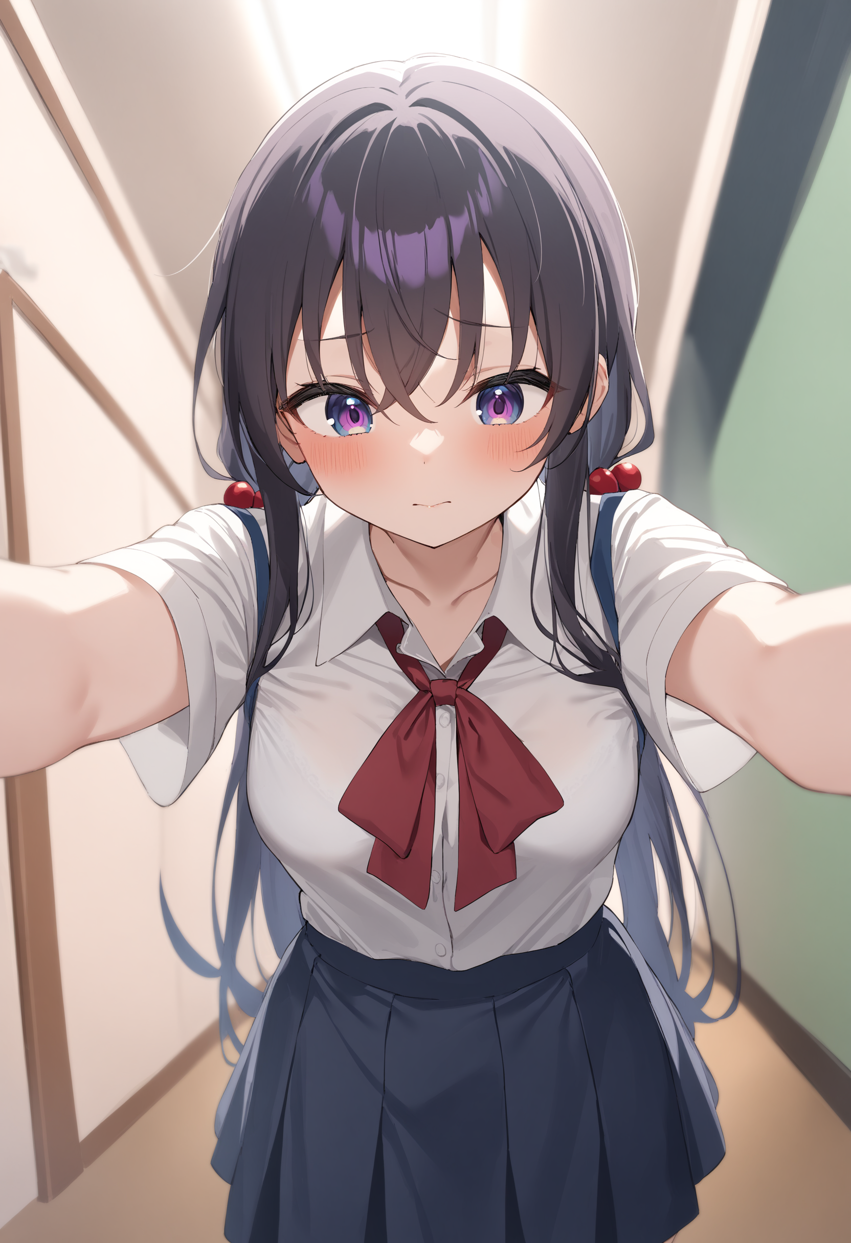 1girl,sincos, ningen mame, toosaka asagi,solo,medium breasts,school uniform,
bra visible through clothes,<lora:bravisiblethroughclothes_XL_v1:0.8>
from below, fisheye lens, looking down, purple hair, purple eyes,naughty, connecting corridor, closed mouth, low twintails hair,,
best quality, very aesthetic, absurdres