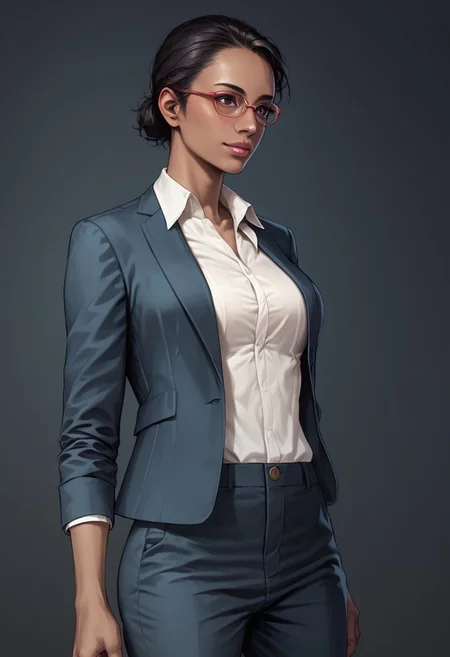 Score_9_up, score_8_up, score_7_up, source_realistic, cowboy shot, BREAK 1girl, solo, Hunnigan, very dark skin, dark skinned female, black hair, short hair, hair bun, glasses, suit jacket, open jacket, white shirt, pants,,