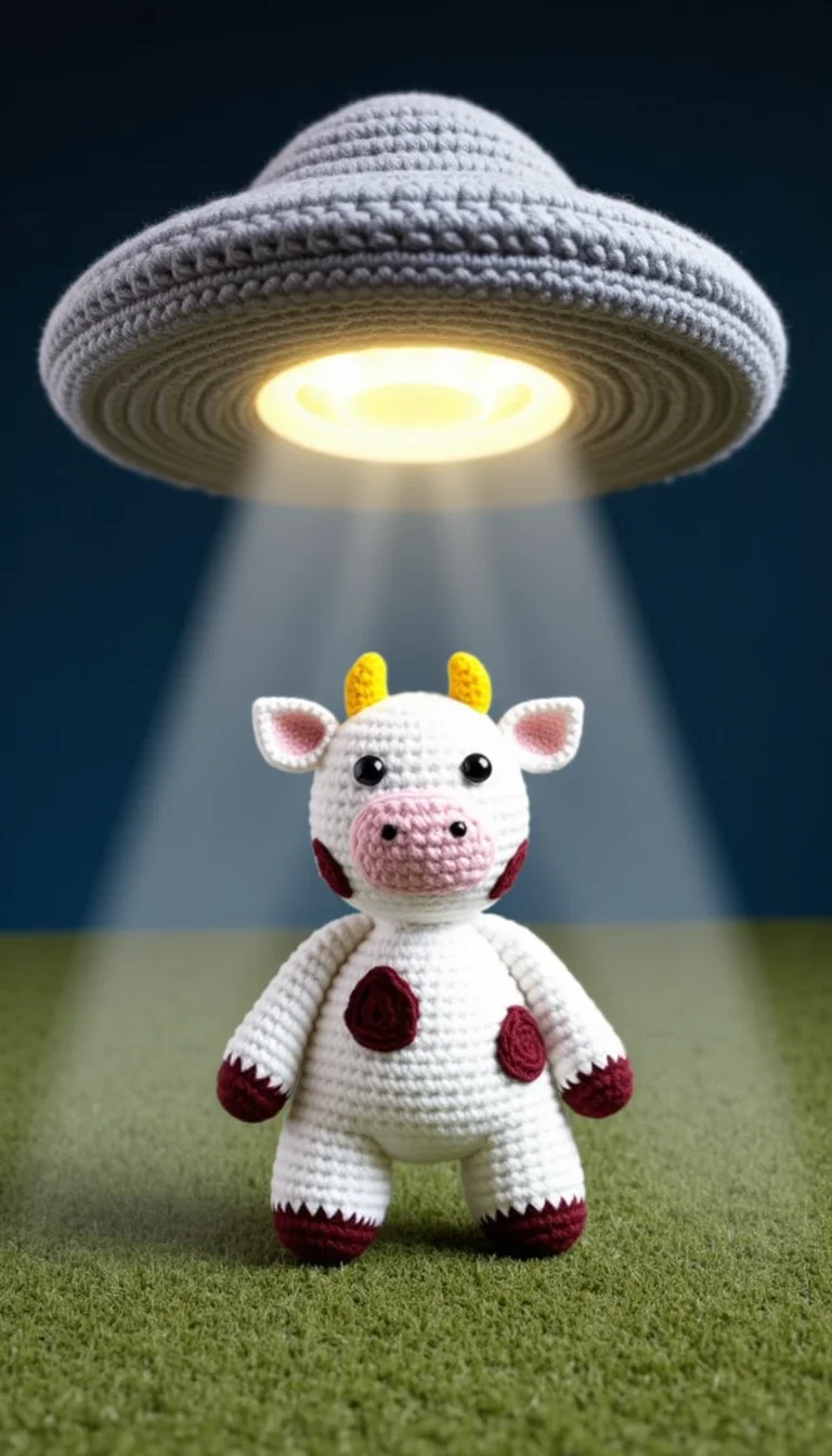 a crocheted cow being abducted by a UFO in the style of CRCHTD