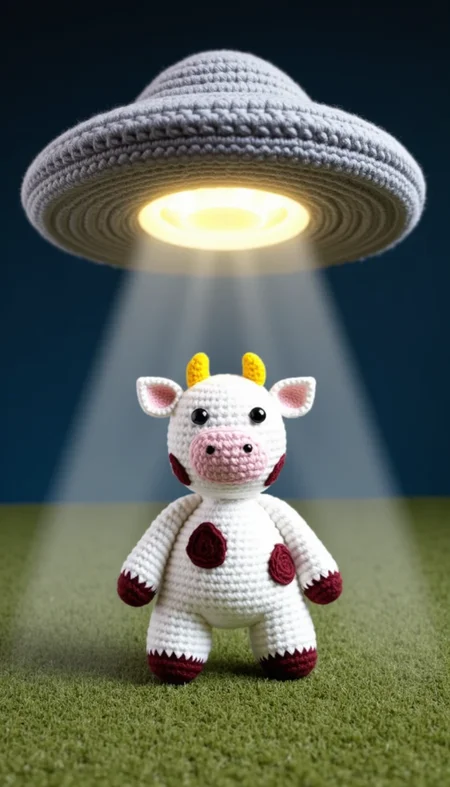 a crocheted cow being abducted by a UFO in the style of CRCHTD