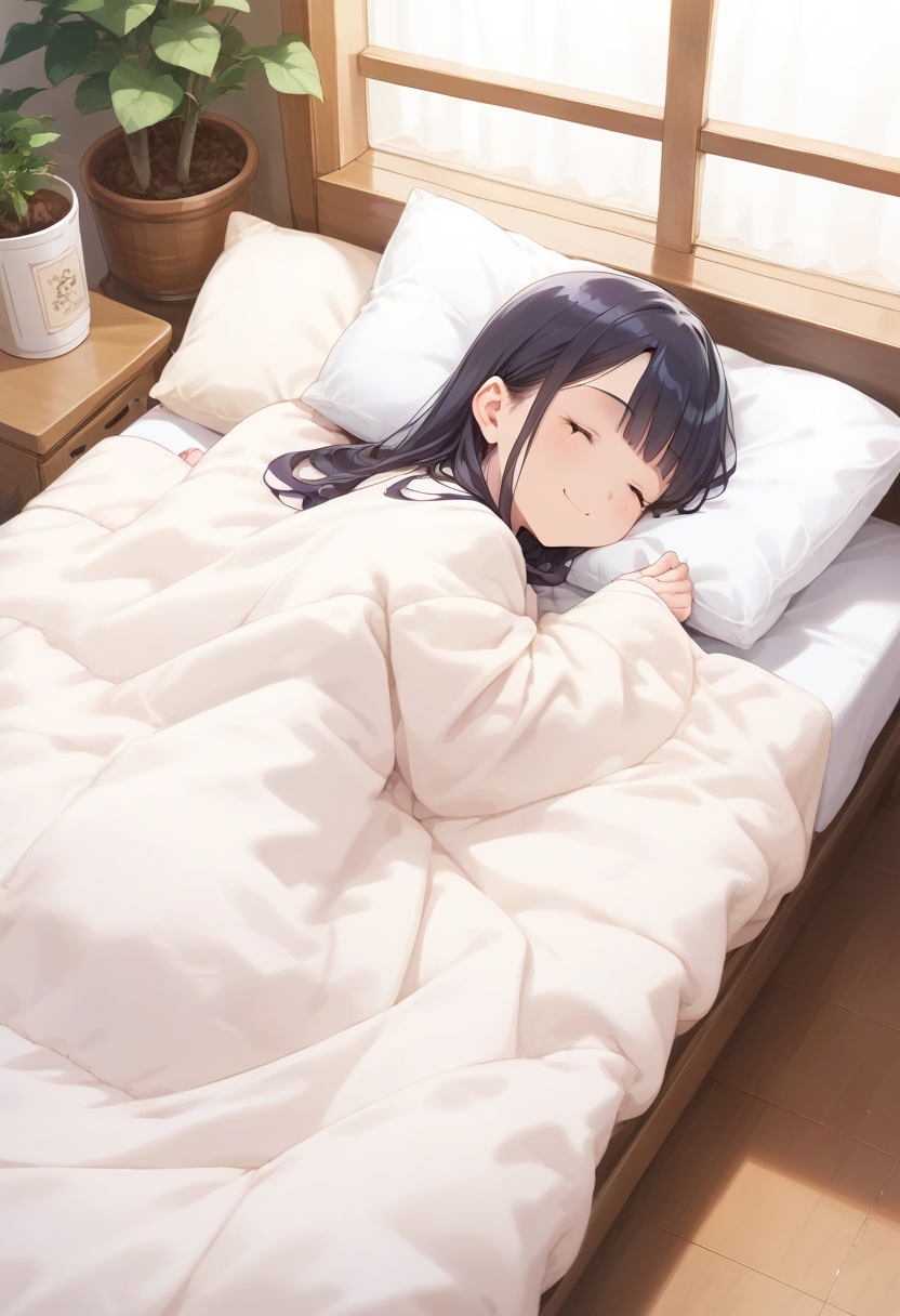 score_9, score_8_up, score_7_up, rating_safe, masterpiece, best quality, absurdres, unity 8k wallpaper, official art, official style, source_anime, uncensored, game cg, megami magazine, ultra delicate hair,
1girl, chibi, solo, black hair, long hair, happy, smile, :3,
futon, pillow, closed eyes, bed, sleeping, lying, under covers, blanket,
 <lora:kakefuton_pony_V1:1>
