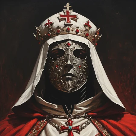 dark fantasy art style, a dramatic close-up portrait low angle shot painting of a male grand knight wearing a highly ornate jeweled crown and a metal mask glued to a white hood with a red cross, clad in a red robe, background is dark and shadowy, grainy, painterly texture