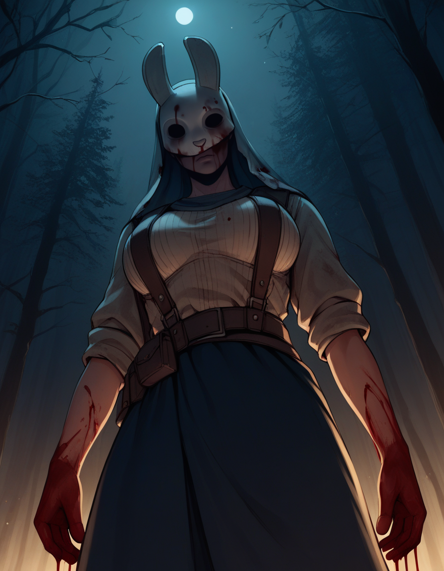 score_9, score_8_up, score_7_up,score_6_up, score_5_up, score_4_up ,
1girl, solo,
large breasts,
huntressdg, veil, mask,
low-key lighting, night, dark, forest,
 from below,  blood, blood on clothes, blood on hands, 
horror \(theme\), 
 <lora:Huntress DG PXL v01-000003:0.90>