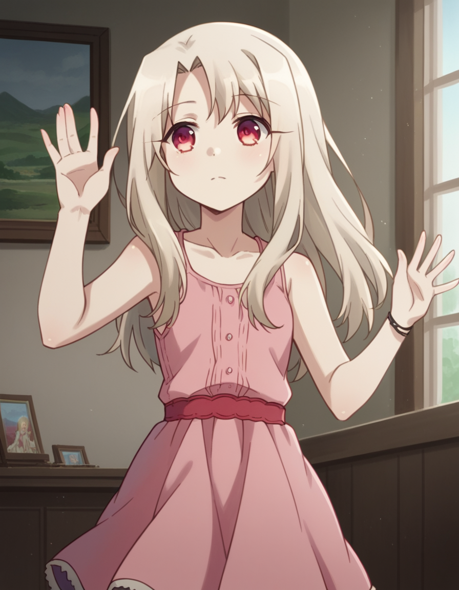 score_9, score_8_up, score_7_up, source_anime, <lora:illyasviel-von-einzbern-prisma-s2s3-ponyxl-lora-nochekaiser:1>,, illyasviel von einzbern, long hair, blonde hair, red eyes, parted bangs,, dress, collarbone, sleeveless, sleeveless dress, pink dress,, museum, art exhibit, paintings, observing, quiet contemplation, cultural experience, , , hand waving, solo,, cowboy shot, dutch angle