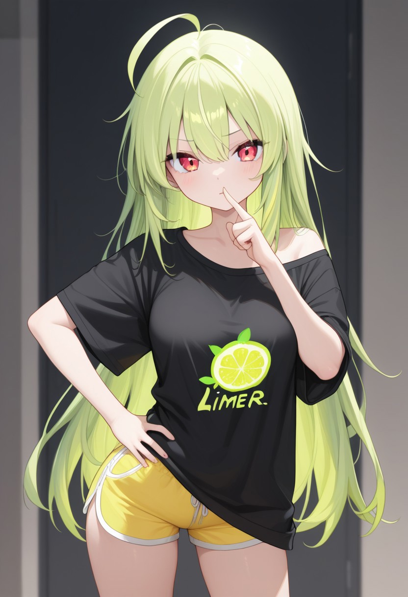 score_9, LimeChan, looking at veiwer, hand on hip, wagging finger,