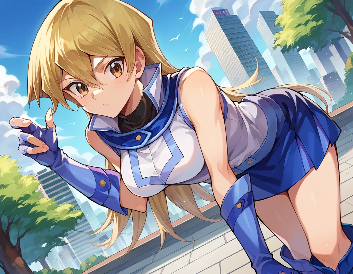 score_9, score_8_up, score_7_up, source_anime,
asukatenjouin, <lora:asuka-tenjouin-ponyxl-lora-nochekaiser:1>
asuka tenjouin, blonde hair, brown eyes, hair between eyes, long hair, straight hair, very long hair,
blue footwear, blue gloves, blue skirt, boots, duel academy uniform (yu-gi-oh! gx), elbow gloves, fingerless gloves, gloves, jacket, miniskirt, skirt, sleeveless, sleeveless jacket, sleeveless shirt, white jacket,
outdoors, cityscape, bent over,
looking at viewer, cowboy shot, dutch angle,