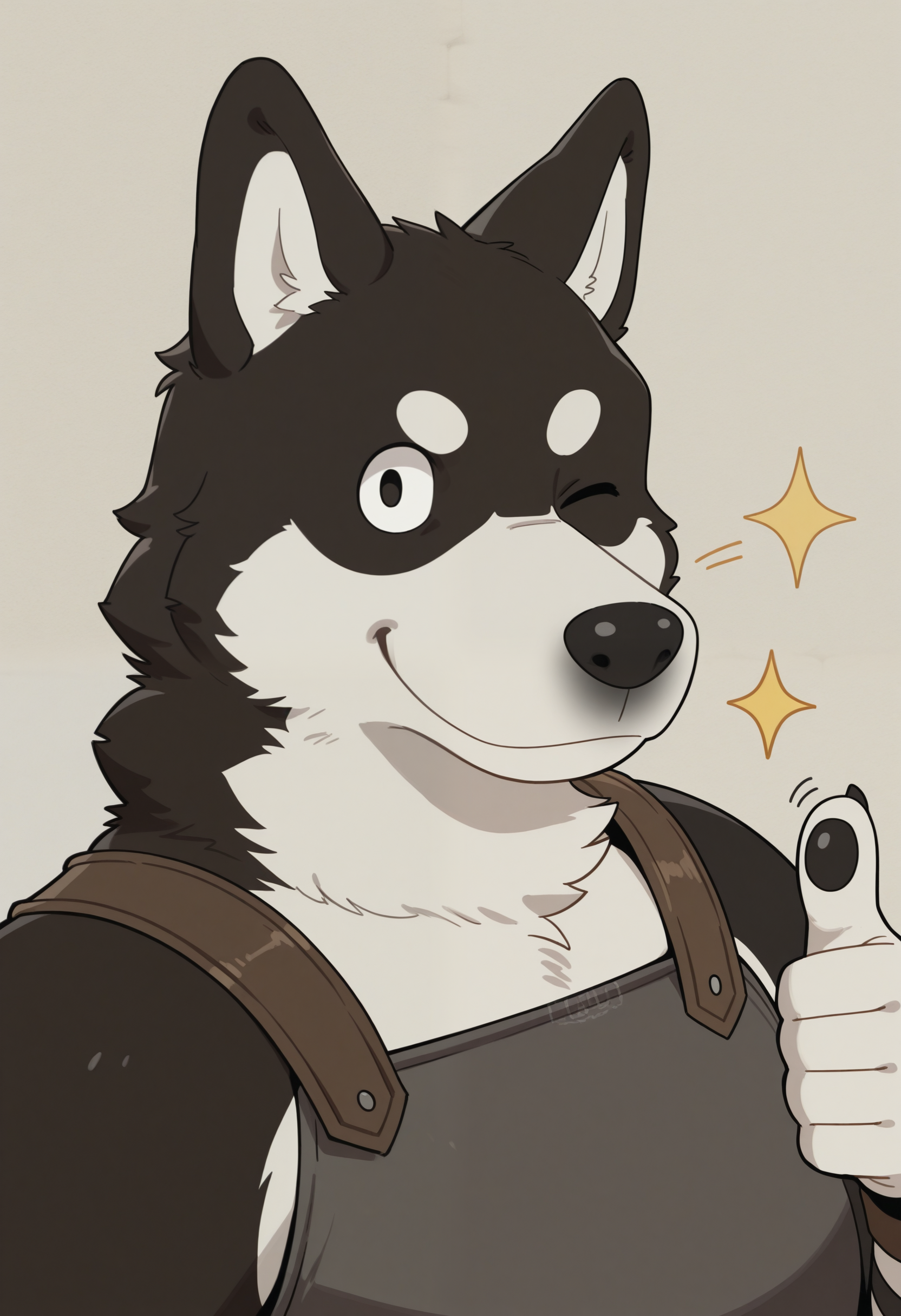 masterpiece,best quality,amazing quality, 1boy,kur0,  breastplate, dog boy, close up, looking at viewer, thumbs up, wink,