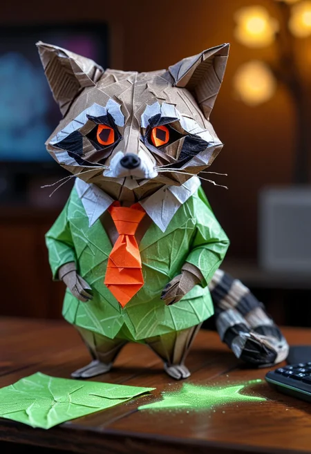 raccoon made of paper, raccoon with tie, close up, textured paper, on wooden table, fluorescent, glowing eyes, paper computer, doing taxes, fluorescent, fluorescent dust, fluorescent spraypaint, glowing dust