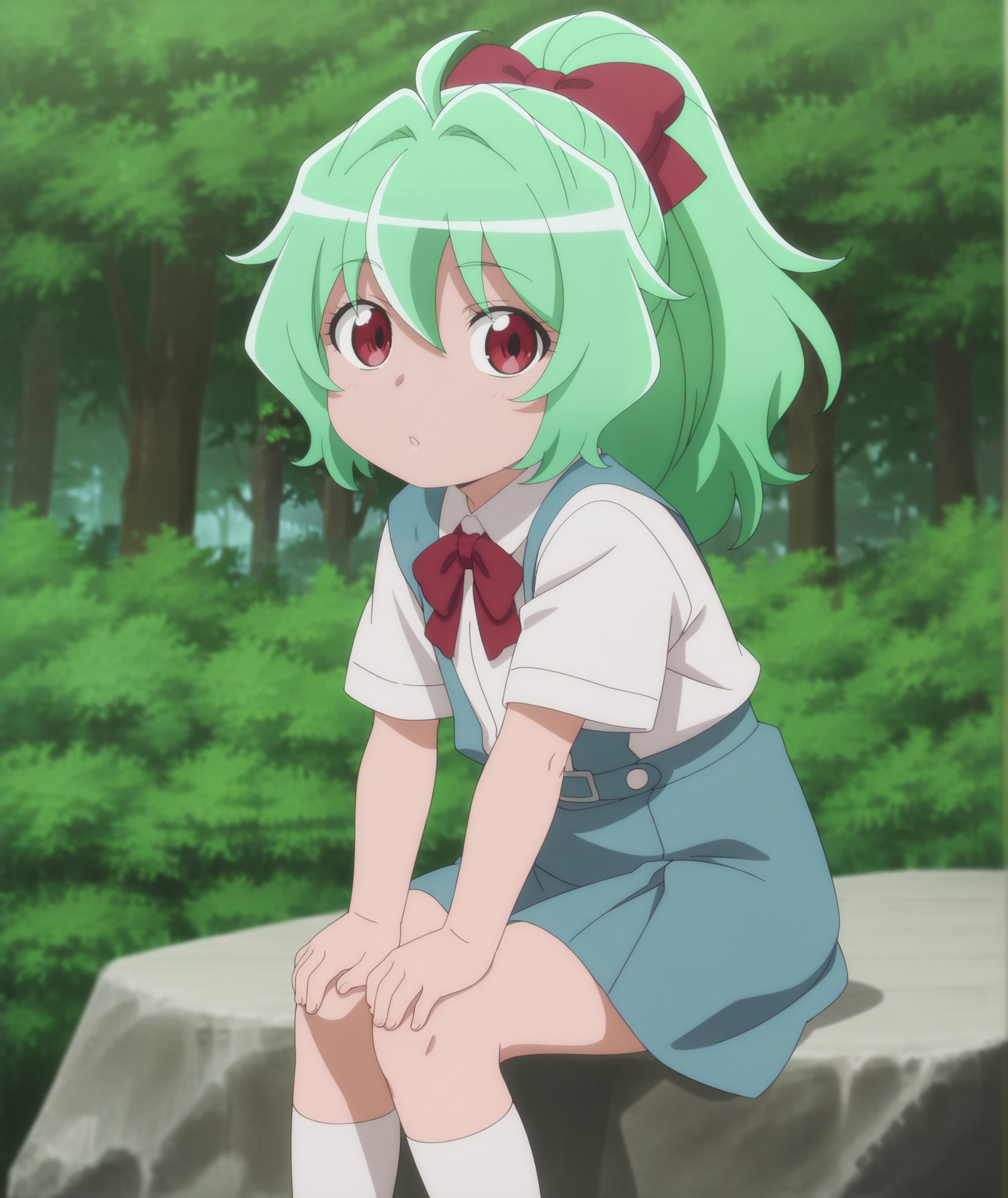 official art, absurdres, highres, anime coloring, hi res, best quality, masterpiece, 2d, intricate details, 4k, shadow,
1girl, solo, female, chibi, aged down, long hair, ponytail, ahoge, green hair,
bow, hair bow, hair ribbon, ribbon,
kneehighs, school uniform, shirt, short sleeves, white legwear, white shirt, tokyo-3 middle school uniform, cosplay, alternate costume, 
contrapposto, looking at viewer, sitting, hands on own knees, 
depth of field, blurry background, blurry, forest, <lora:Komoe_(Character)_ILXL:1>