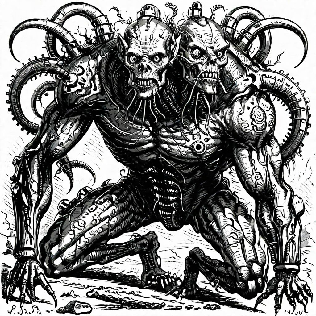 a fleshmutant cybermutant creature with tubes on its body,monochrome,art by llbreton