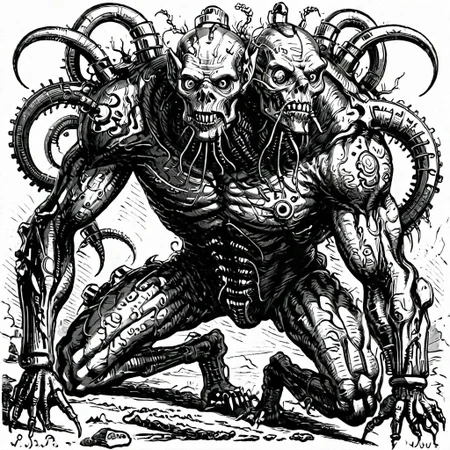 a fleshmutant cybermutant creature with tubes on its body,monochrome,art by llbreton