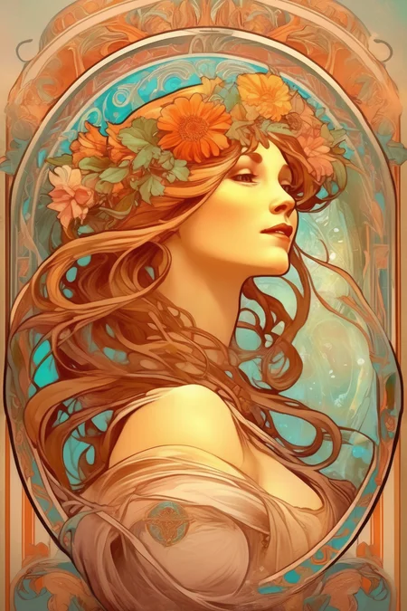 <lora:Alphonse Mucha Style:1>Alphonse Mucha Style - make a picture that is full color for the cover of book in the style of Alphonse Mucha.