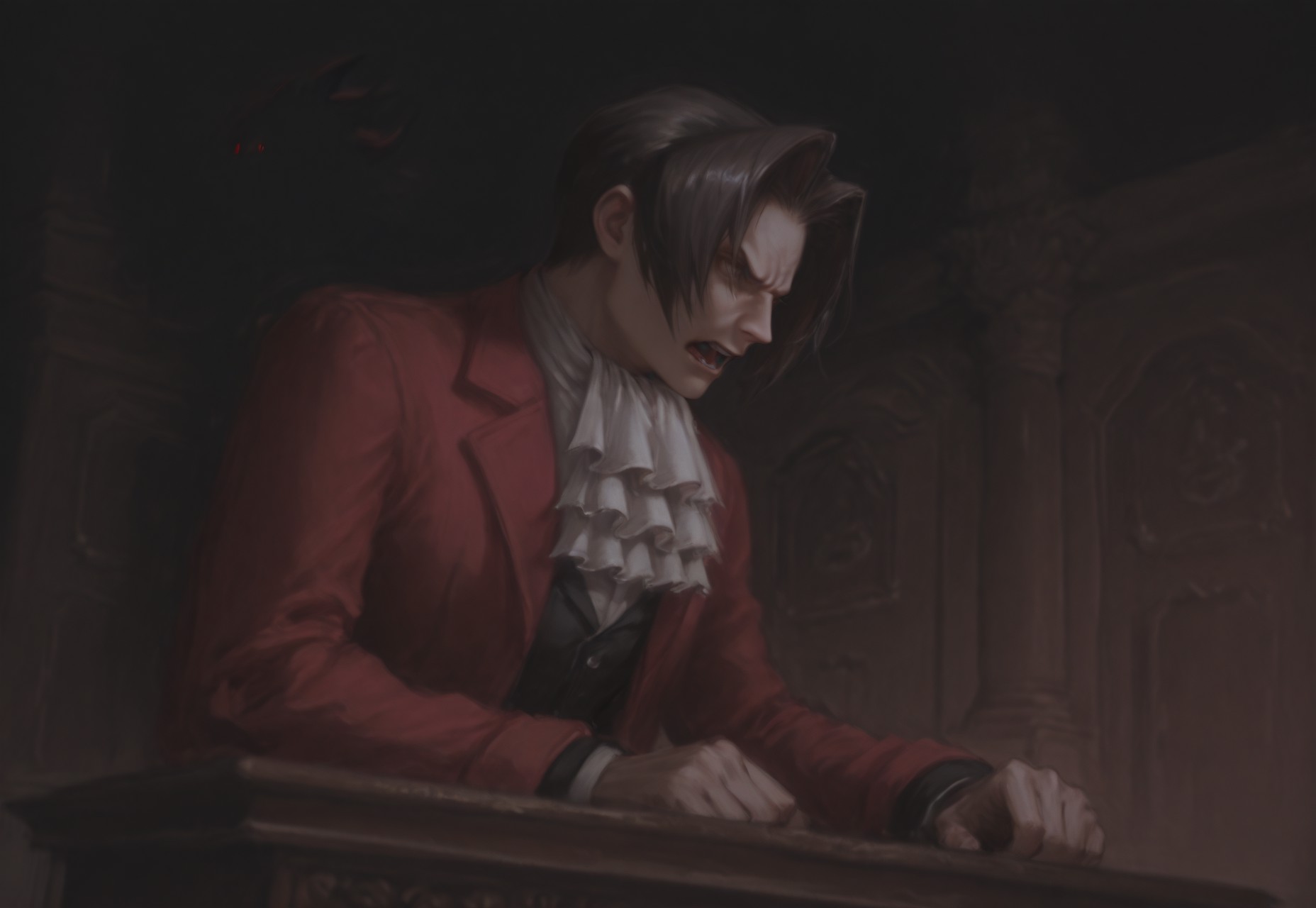 2boys,solo,c0rtr00m,courtroom,shadow the hedgehog, red eyes, black fur,Miles Edgeworth,dark hair,dark eyes,grey eyes,detailed eyes,bend,bent,ascot,red jacket,bending,ierce expression,scowl,long arm,hand on counter,from below,from distance,spread angle,slighty angry,one hand down,expressive,cinematic,side view,indoors,far away,open mouth,