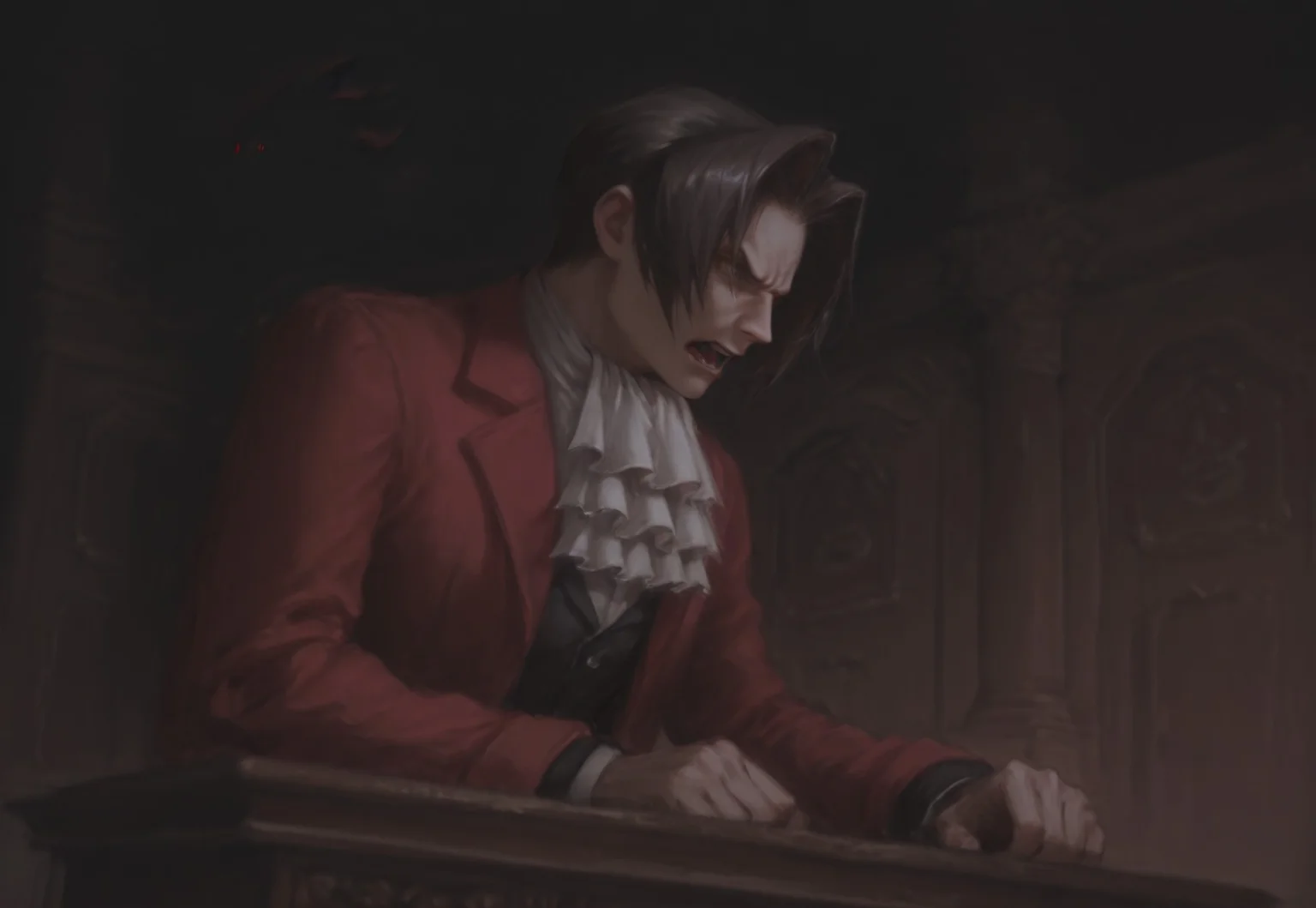 2boys,solo,c0rtr00m,courtroom,shadow the hedgehog, red eyes, black fur,Miles Edgeworth,dark hair,dark eyes,grey eyes,detailed eyes,bend,bent,ascot,red jacket,bending,ierce expression,scowl,long arm,hand on counter,from below,from distance,spread angle,slighty angry,one hand down,expressive,cinematic,side view,indoors,far away,open mouth,