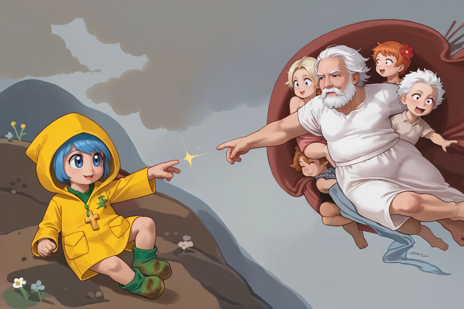 score_9, score_8_up, score_7_up
<lora:Creationofmeme:1>, Creationofadam, masterpiece, best quality, fine art. parody,  2character,   
ADDBASE 
<lora:luce-PD-1.0:0.8>, luce, yellow raincoat, (dirty green galosh:0.7), green galosh, galosh, blue hair, 1girl, :d, ^_^,  (cross:1.1), 
 ADDCOL 
older man, white hair, white beard, (young angles:1.2),
 <lora:SDXLHighDetail_v5:0.8>,  <lora:add-detail-xl:1.3>