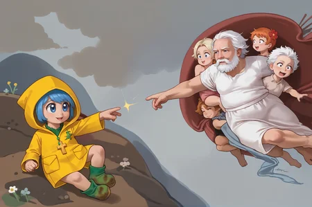 score_9, score_8_up, score_7_up
<lora:Creationofmeme:1>, Creationofadam, masterpiece, best quality, fine art. parody,  2character,   
ADDBASE 
<lora:luce-PD-1.0:0.8>, luce, yellow raincoat, (dirty green galosh:0.7), green galosh, galosh, blue hair, 1girl, :d, ^_^,  (cross:1.1), 
 ADDCOL 
older man, white hair, white beard, (young angles:1.2),
 <lora:SDXLHighDetail_v5:0.8>,  <lora:add-detail-xl:1.3>