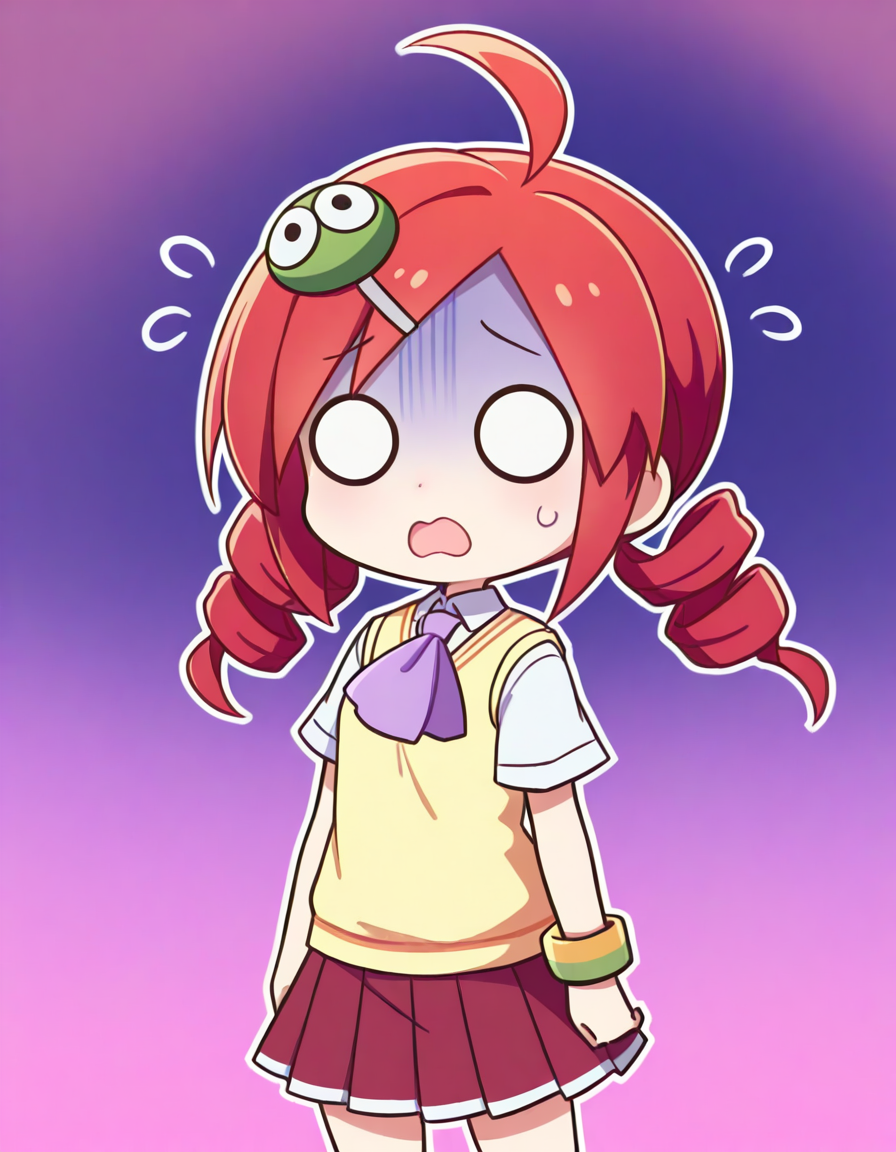 <lora:PAndouRingo_SDXL_Illustrious01_fp16_ver01:1>,PAndouRingo, 1girl,solo,red hair,white eyes,twin drills,character hair ornament,school uniform,ascot,sweater vest,bracelet,red skirt, cowboy shot, <lora:hotarueye_xl_comic04_v10_ill:0.5>,open mouth, chibi,o_o ,flying sweatdrops, gloom \(expression\),, masterpiece, best quality, very aesthetic, absurdres,<lora:detailed_hands:1>,hand