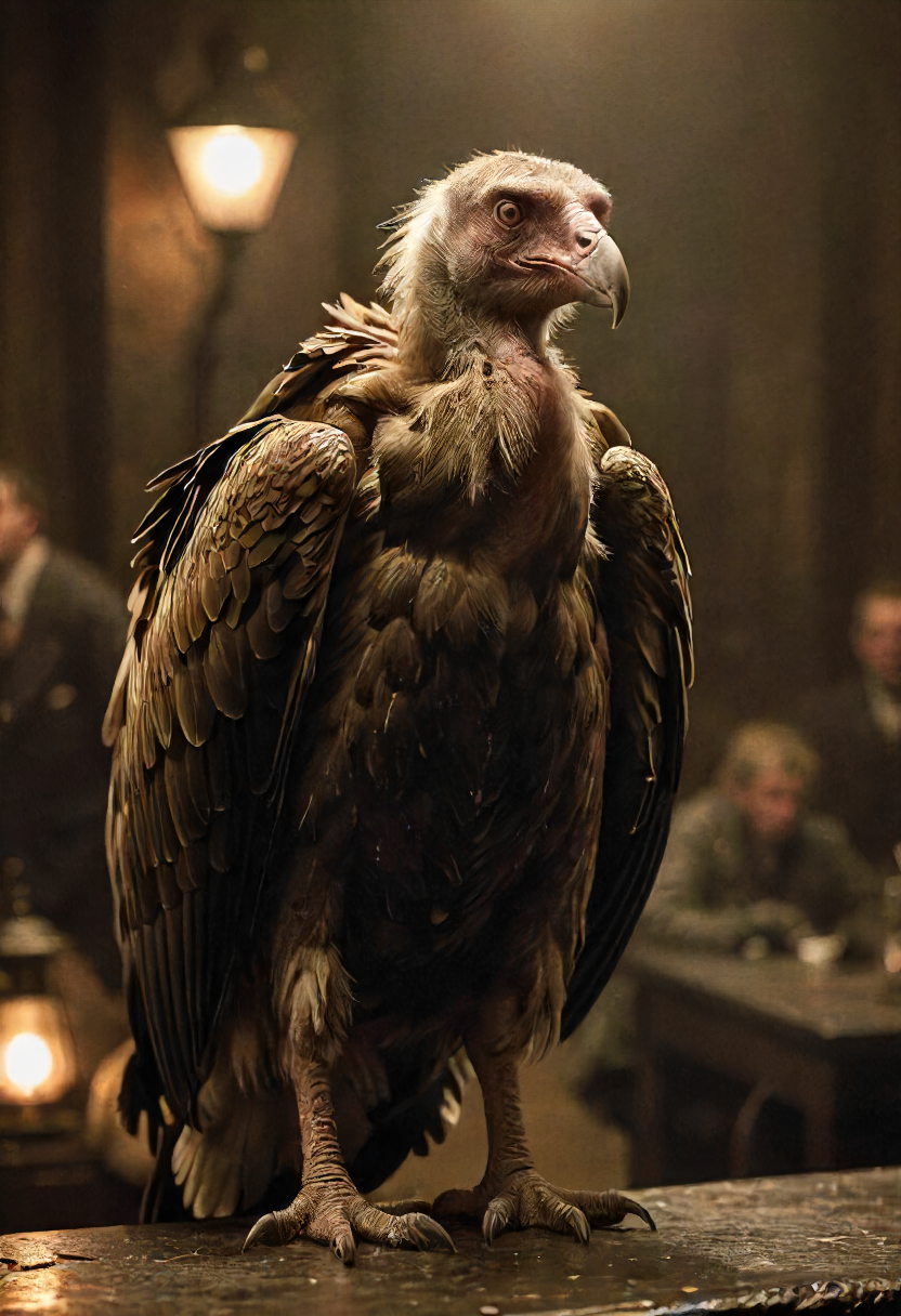confused vulture, shoulder shrug, dim lights, detailed, perfect composition  <lora:eldoria:0.8> eldoria