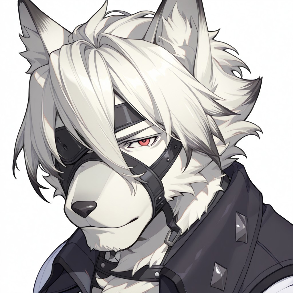 1boy, male focus,furry male, mature male, solo, Lycaon, white fur, white hair, eyepatch, red eyes, wolf ears, wolf tails, black vest, face focus, perfect face, muscular, p3reloadportraits, portrait, white background, looking at viewer, soft smile, 3:4 view