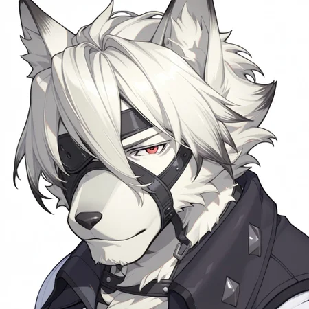 1boy, male focus,furry male, mature male, solo, Lycaon, white fur, white hair, eyepatch, red eyes, wolf ears, wolf tails, black vest, face focus, perfect face, muscular, p3reloadportraits, portrait, white background, looking at viewer, soft smile, 3:4 view