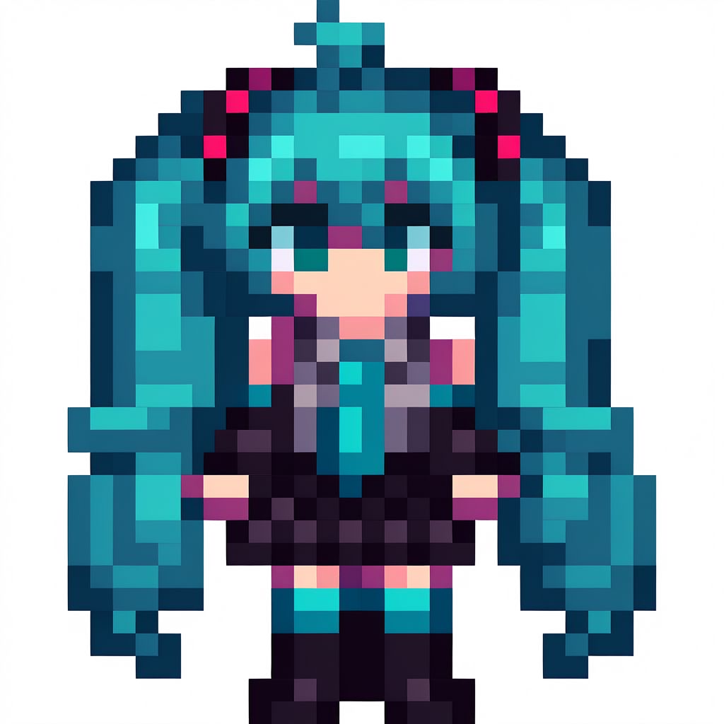 1girl, solo, pixel art, 16bit, front facing, winter clothes, full body, white background, simple background, miku hatsune, ahoge, aqua eyes, aqua hair, crossed bangs, hair between eyes, hair ornament, headphones, long hair, twintails, aqua necktie, black footwear, black skirt, black sleeves, boots, collared shirt, detached sleeves, grey shirt, necktie, pleated skirt, shirt, skirt, sleeveless, sleeveless shirt, thigh boots, tie clip,