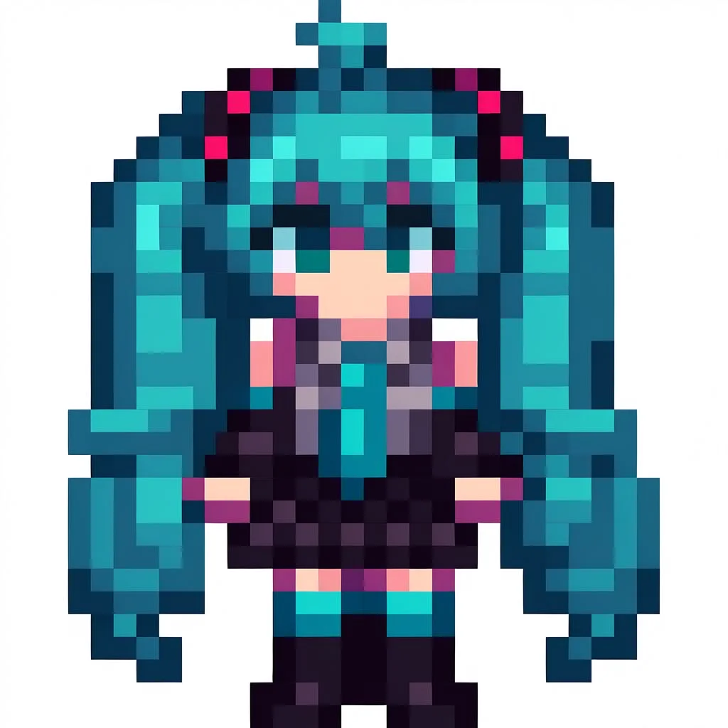 1girl, solo, pixel art, 16bit, front facing, winter clothes, full body, white background, simple background, miku hatsune, ahoge, aqua eyes, aqua hair, crossed bangs, hair between eyes, hair ornament, headphones, long hair, twintails, aqua necktie, black footwear, black skirt, black sleeves, boots, collared shirt, detached sleeves, grey shirt, necktie, pleated skirt, shirt, skirt, sleeveless, sleeveless shirt, thigh boots, tie clip,