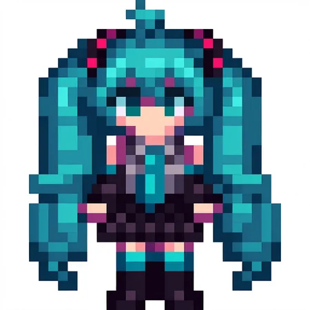 1girl, solo, pixel art, 16bit, front facing, winter clothes, full body, white background, simple background, miku hatsune, ahoge, aqua eyes, aqua hair, crossed bangs, hair between eyes, hair ornament, headphones, long hair, twintails, aqua necktie, black footwear, black skirt, black sleeves, boots, collared shirt, detached sleeves, grey shirt, necktie, pleated skirt, shirt, skirt, sleeveless, sleeveless shirt, thigh boots, tie clip,