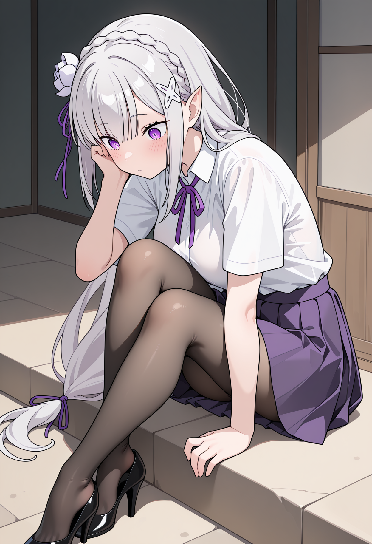 masterpiece, best quality, high resolution, source_anime, highly detailed illustration, detailed eyes,  
very aesthetic, absurdres, newest, amazing quality, 
1girl, solo, 
<lora:shiEmiliaV12ill:1.0> shimilia, long hair, grey hair, purple eyes, pointy ears, crown braid, hair flower, hair ribbon, purple ribbon, x hair ornament, white shirt, pleated skirt, pantyhose, high heels, sitting,  
<lora:shiShoePopV1ill:1>, shishoepop, heel pop,