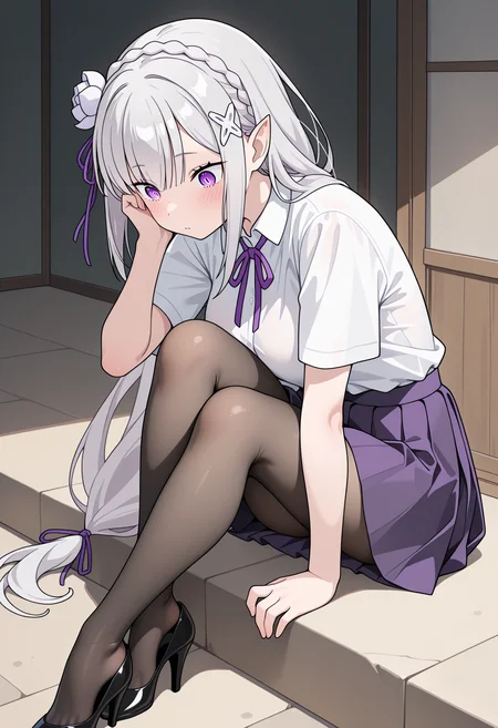 masterpiece, best quality, high resolution, source_anime, highly detailed illustration, detailed eyes,
very aesthetic, absurdres, newest, amazing quality,
1girl, solo,
<lora:shiEmiliaV12ill:1.0> shimilia, long hair, grey hair, purple eyes, pointy ears, crown braid, hair flower, hair ribbon, purple ribbon, x hair ornament, white shirt, pleated skirt, pantyhose, high heels, sitting,
<lora:shiShoePopV1ill:1>, shishoepop, heel pop,