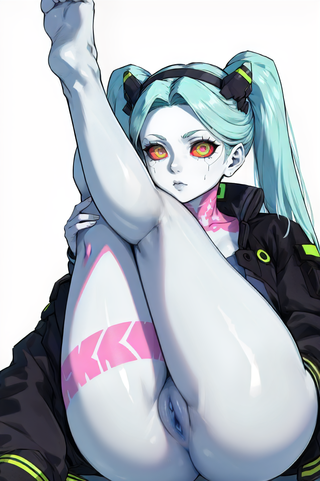 <lora:coloredpussy:0.7> <lora:CPER_Rebecca-DEF:0.7> rebecca, solo, legs up, colored sclera, twin tails, hairband, artificial eye, colored skin, jacket, pink tattoo, colored pussy, perfect, sharp, masterpiece, detailed, high resolution, best quality,