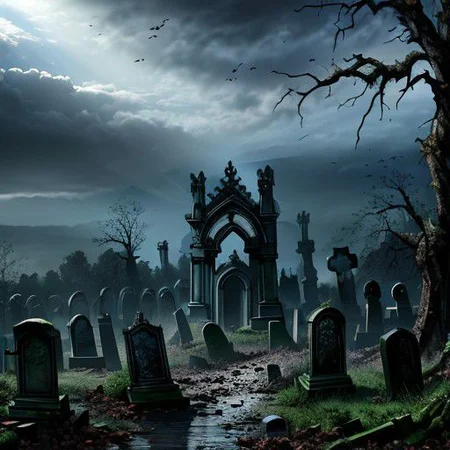 (masterpiece:1.2), (best quality,:1.2), 8k, HDR, ultra detailed, ((photorealistic)), professional light, cinematic lighting, fashion photography, ambient lighting, background, a dark and sinister gothic graveyard, open! graves, broken coffins, Darkness, <lora:Darkness-10:1>,  epiCPhoto,