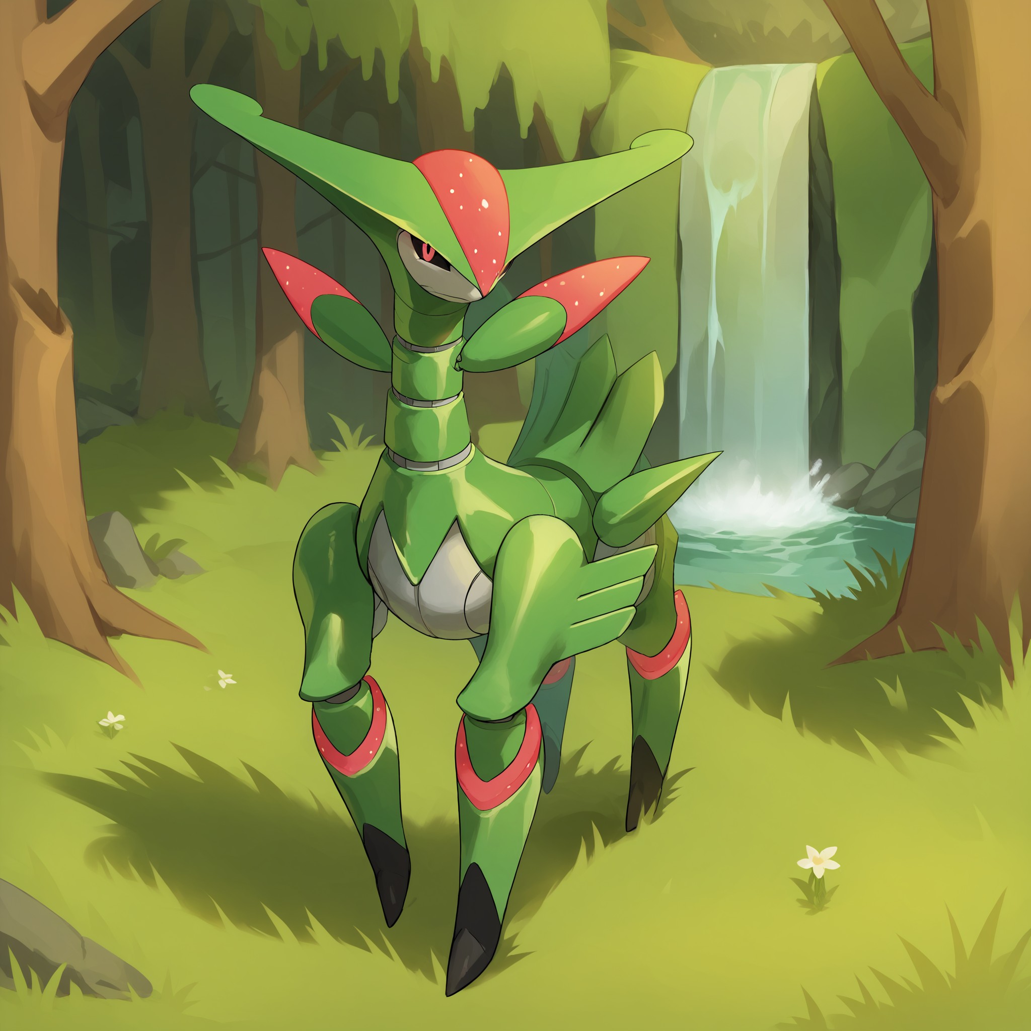 score_9, score_8_up, score_7_up, IrnLvs, pokemon \(creature\), (solo), full body, looking at viewer, green skin, multicolored skin, black sclera, robot, machine, mechanical body, nature, grass, waterfalls, trees, , <lora:cefaa866-a58e-40ba-a219-79ab392f7d60:1.0>, <lora:fdebefeb-24ac-4848-a669-043bb562b60e:0.9>