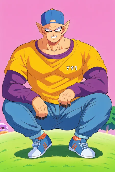 score_9, score_8_up, score_7_up, source_anime, orange piccolo,yello skin,pointy ears, red eyes,mature male, blue baseball cap, jeans, yellow t-shirt, backwards hat, purple sleeves, blue sneakers, bald, short over long sleeves,kai planet, pink sky,grass, tree, sitting,looking at viewer, smug, knee up,yellow shirt,black nails <lora:PiccoloPonyV2:1> <lora:OtherworldPony:1>