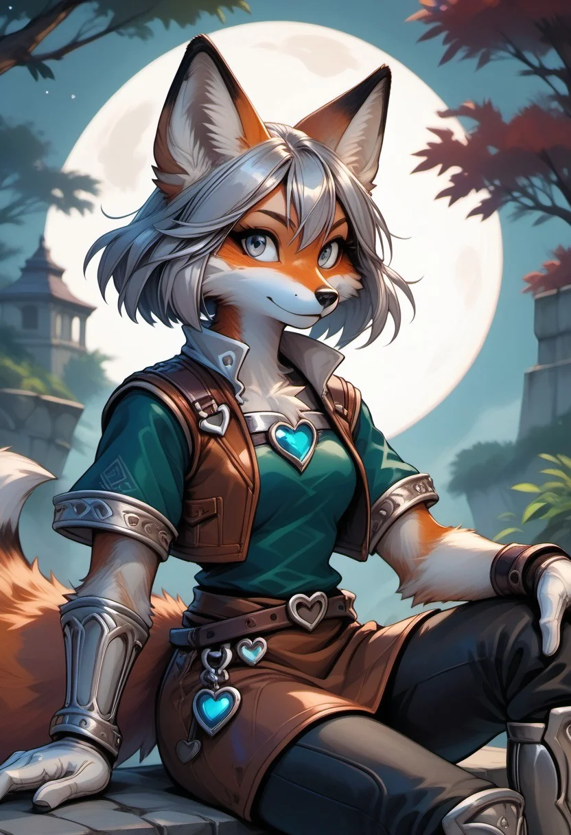 score_9, score_8_up, score_7_up, source_furry, natgra2, gray eyes, short hair, silver hair, steel greaves, plated footwear, brown skirt, black pants, green shirt, brown leather vest, silver belts, white gloves, silver chest plate, anthro, female furry, fox, fox tail, fox ears, body fur, fluffy, paws, moon, trees, sitting, heart-shaped pendant,