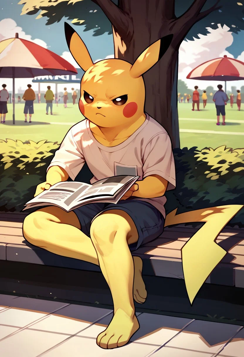 score_9, score_8_up, score_7_up BREAK Longchu, yellow body, black round eyes, black ear tips, red circle cheeks, full body, reading newspaper, sitting crosslegged, serious look, crowded park outdoors, park background,