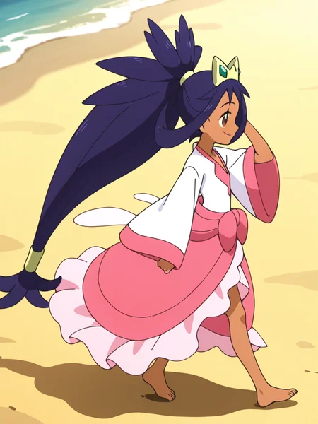 1girl,  walking, beach, sand, barefoot, wind, hand in own hair, smile, half-closed eyes,  from side,
<lora:iris_champion_2:1> iri5cham1on,dark-skinned female, dark skin, brown eyes, purple hair, very long hair, ponytail, spiked hair, hair rings, tiara, green gem tiara,white shirt, pink v-neck,  pink sleeve cuff,
middle pink ribbon,pink skirt, light pink skirt edge,, masterpiece, high quality, absurdres, best quality, very aesthetic, newest,