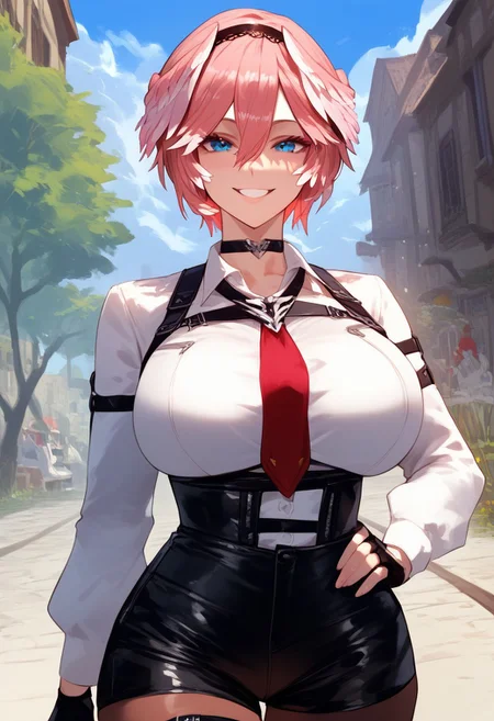 (score_9, score_8_up, score_7_up, high quality, best quality, ultra-detailed, very aesthetic, illustration, perfect composition, intricate details, absurdres, high res image, masterpiece, vibrant colors, beautiful face, detailed face, 1girl, solo focus, perfect eyes, detailed eyeshand, perfect hands), female, pink hair, short hair, parted hair, double-parted bangs, hair between eyes, black hairband, blue eyes, pale skin, thick thighs, perfect body, voluptuous, huge breasts, curvy body, narrow-waisted, wide hips, (luiFirst, hair wings, black choker, white shirt, chest harness, breast zipper, red necktie, white ascot, long sleeves, white shirt, black gloves, partially fingerless gloves, thigh strap, high-waist shorts, leather shorts, black shorts, pantyhose), (hand on hip, small smile, cowboy shot), (fantasy, outdoors, town, park)
