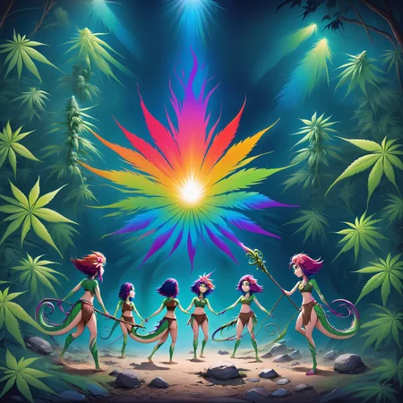 oil painting, clones, multiple girls, dancing, tribal wear, staff, shaman, sacred bonfire, green flame, smoke, psychedelic experience, forest, abstract patterns, (multicolor, rainbow:1.2), abstract, <lora:marijuana:0.9>, marijuana plant, l <lora:neeko-xl-nvwls-v1:1>, neeko, multicolored hair, colored skin, facial mark, forehead mark, hair ornament, hair flower, necklace, brown crop top, midriff, brown shorts, loincloth, lizard tail, walking, dirt path, stones, boulder, moss, overgrowth, chiaroscuro, reflection, stars,