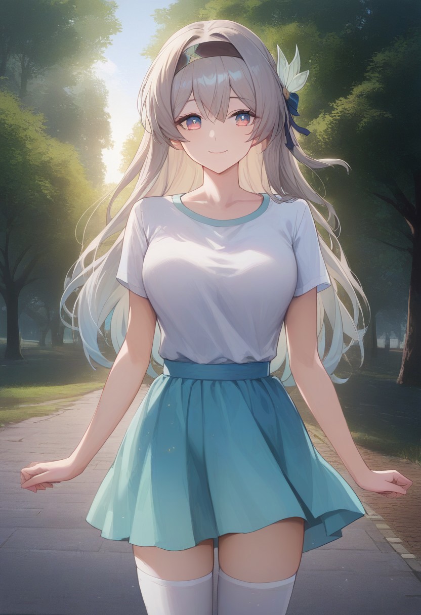 score_9, score_8_up, score_7_up, source anime, anime screencap, masterpiece, expressive eyes, perfect face, cinematic lighting, volumetric lighting, bloom, post processing,  warm light, soft light, detailed background, detailed face, extremely detailed face, beautiful face, 1girl,  Firefly_Honkai, long hair, grey hair, hairband, , medium breasts, standing, white t-shirt ,long blue skirt, , white thighhighs,  ((park, trees, clear sky)), smile, cute smile, closed mouth, cowboy shot, 3:4 angle, looking at viewer