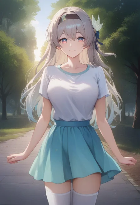score_9, score_8_up, score_7_up, source anime, anime screencap, masterpiece, expressive eyes, perfect face, cinematic lighting, volumetric lighting, bloom, post processing, warm light, soft light, detailed background, detailed face, extremely detailed face, beautiful face, 1girl, Firefly_Honkai, long hair, grey hair, hairband, , medium breasts, standing, white t-shirt ,long blue skirt, , white thighhighs, ((park, trees, clear sky)), smile, cute smile, closed mouth, cowboy shot, 3:4 angle, looking at viewer